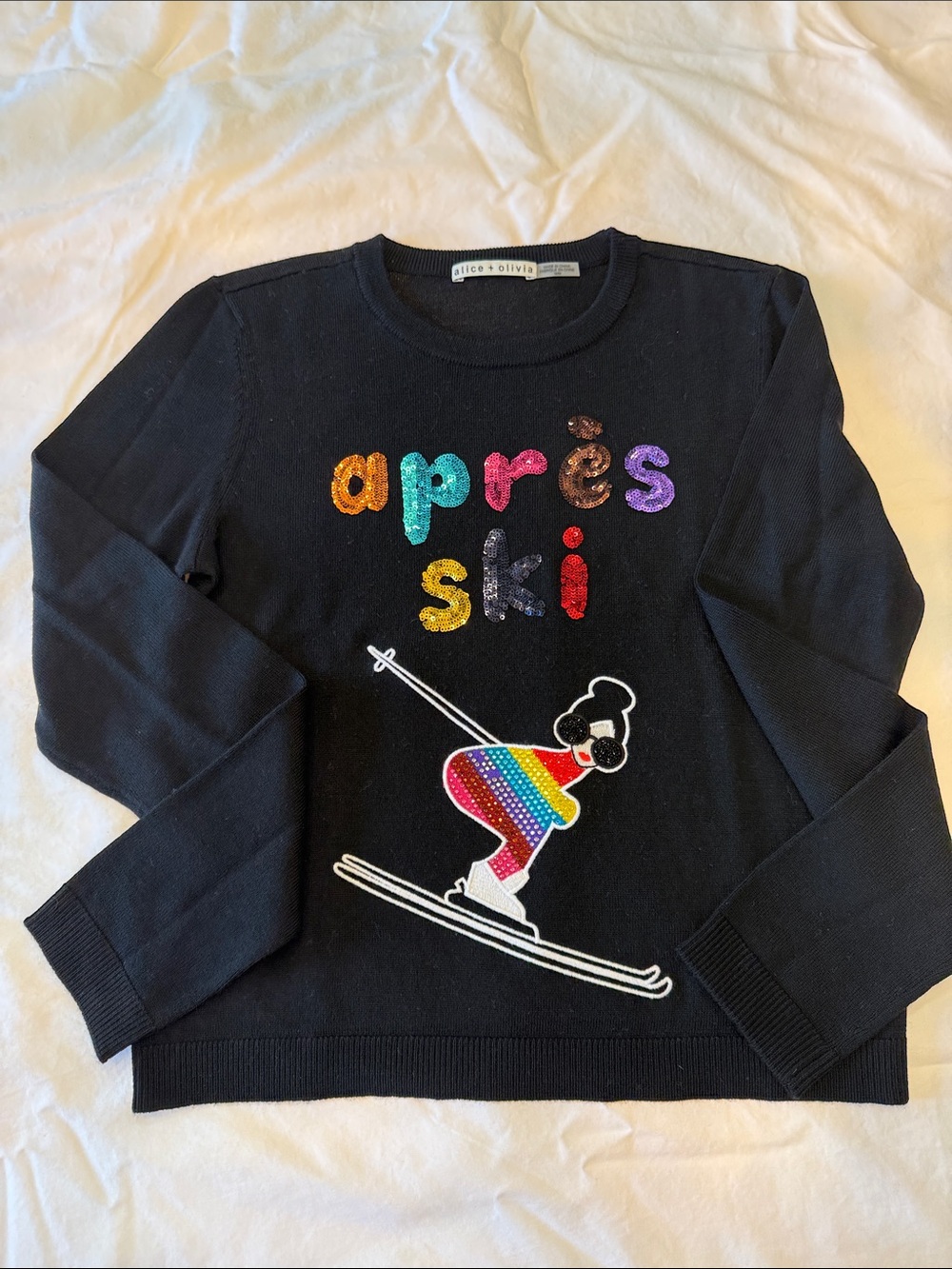 Alice + Olivia Black Sweater with Rainbow Sequin 'Après Ski' Graphic